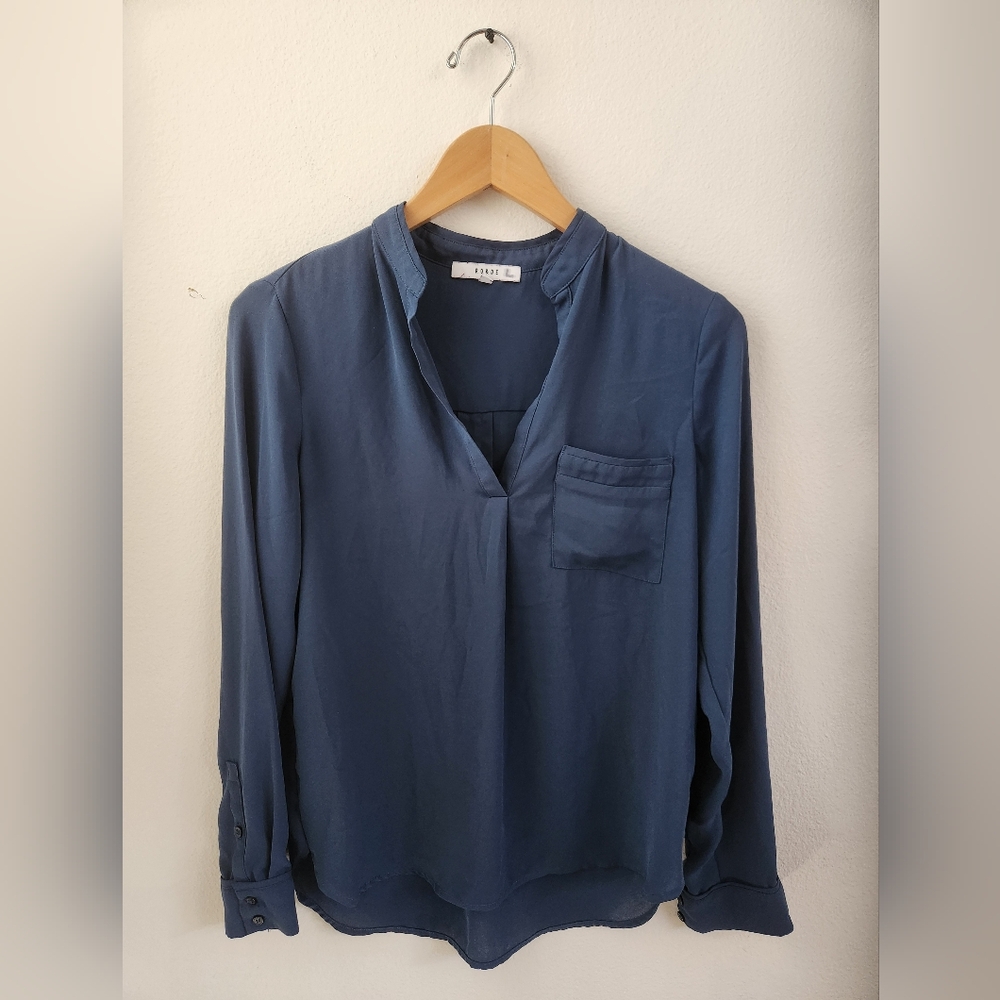 Ro & De Semi Sheer Blouse Long Sleeve Lightweight Flowy Navy Blue Small